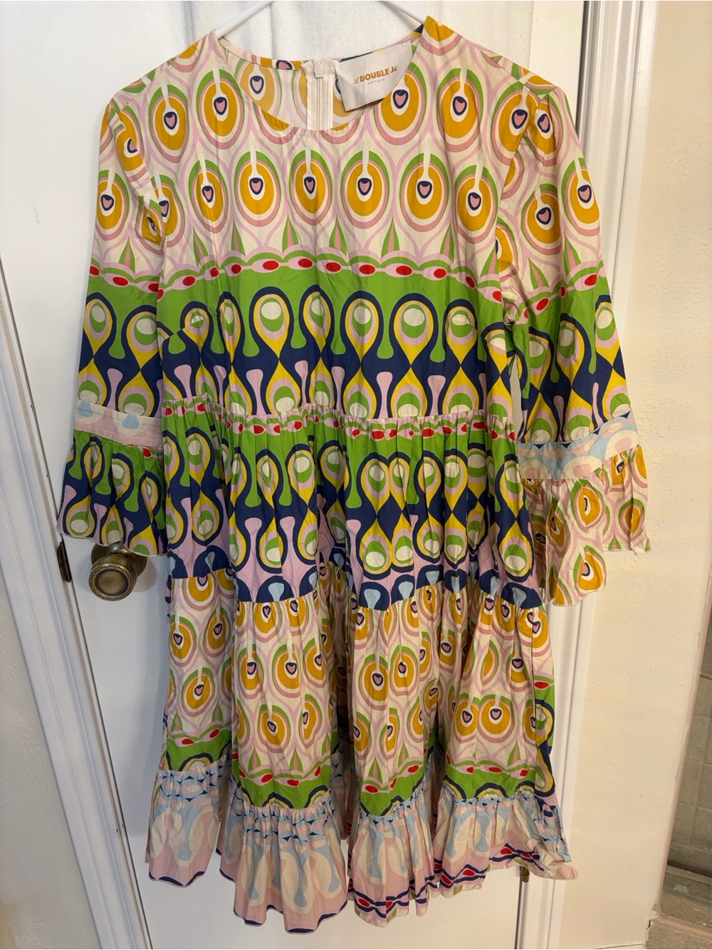 LA Double J Geometric Pattern 100% Cotton Greens Tiered dress PreOwned Size Smal